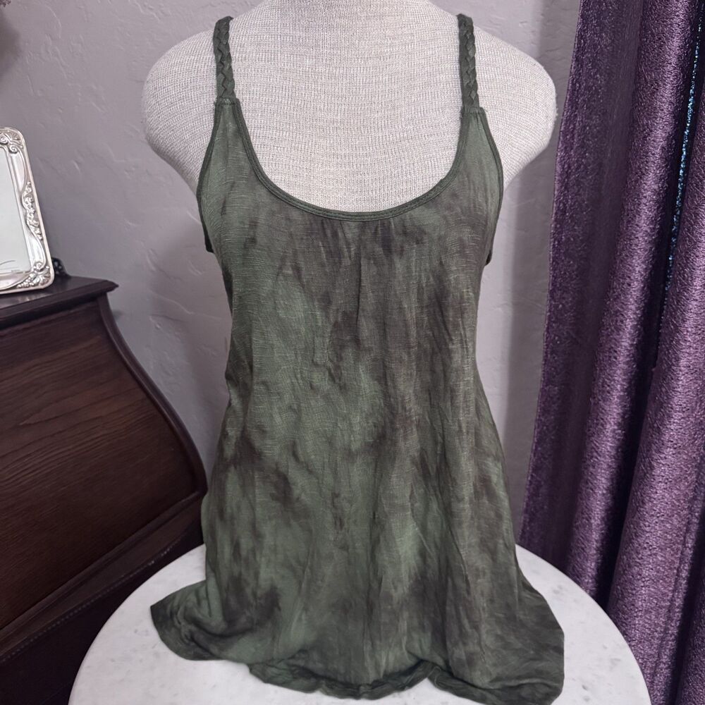Vintage Fang Olive Green Tie Dye Embroidered Floral Lace Back Tank Top size XL